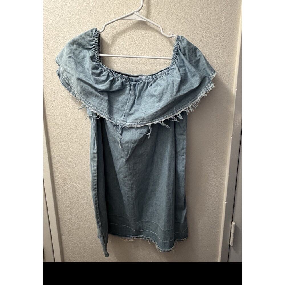 7 For All Mankind Women's Blue Off-the-Shoulder Ruffle Denim Top Size S